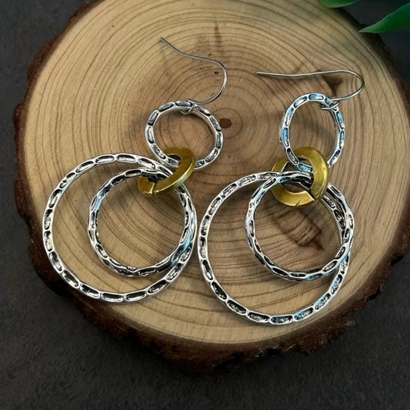 SILVER PLATED Retro Bohemian Style triple hoop drop earrings. - Picture 6 of 9